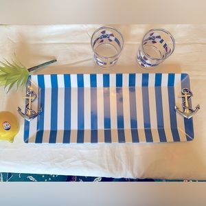 Nautical Stripe Tray with Silver Anchors 19” long x 8” tall